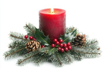 A festive red candle surrounded by pinecones, holly berries, and evergreen sprigs, creating a warm holiday atmosphere.