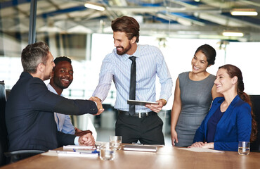 Handshake, meeting and business people in office with client for investment deal, offer or...