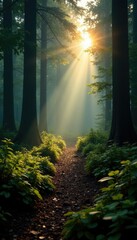 Forest floor awash with mist as morning sun peeks through, , nature