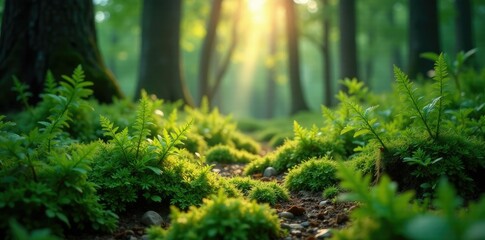 Fototapeta premium Forest floor covered with soft moss and ferns illuminated by the soft light filtering through trees, lighting, moss, forest