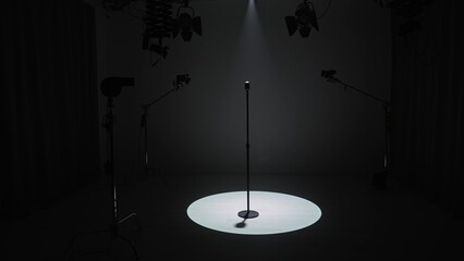 Studio for photo video production filming with lighting equipment and cyclorama, retro vintage microphone stand standing in the middle in darkness under spotlight. © kinomaster