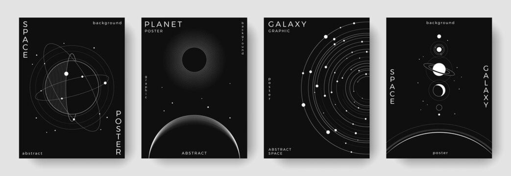 Fototapeta Set of abstract space astronomy backgrounds. Line art galaxy, universe, planet, solar system. Science future concept. Cosmic minimalist design for cover, poster, layout, banner, flyer, brochure