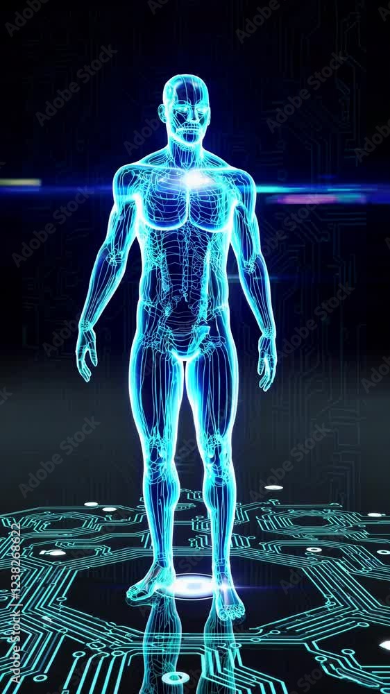 Fototapete a futuristic 3d hologram of a human figure outlined in glowing cyan lines, surrounded by translucent
