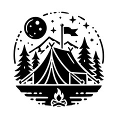 Camping Adventure: Night in the Mountains. Explore nature, campfire under starry sky, tent, trees, and peaceful landscape. Perfect for travel and wanderlust lovers.