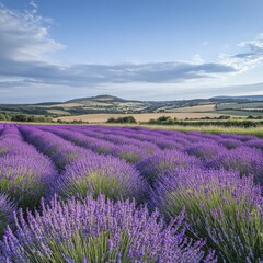 Fototapeta premium A stunning view of lavender fields stretching towards the horizon. The vibrant purple flowers create a beautiful landscape under a clear sky. This serene setting evokes calmness and beauty. AI