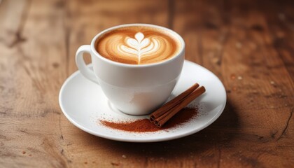 Latte art coffee in a white cup on a wooden table, with a sprinkle of cinnamon or cocoa powder, latte art, steam, hot