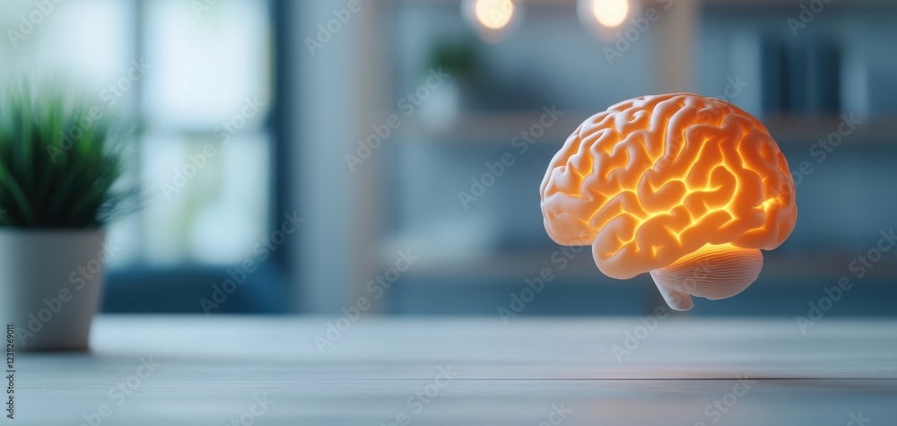 Aufkleber a glowing brain model illuminated in a modern setting, symbolizing creativity and intelligence in a 