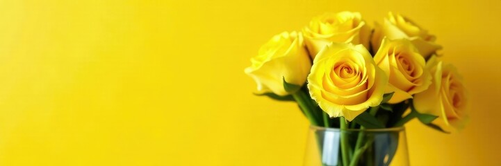 Fresh yellow roses in a clear glass vase with tiny water droplets, yellow, vase