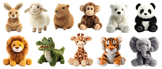 PNG Adorable plush animal toys collection set, isolated on transparent background