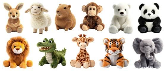 PNG Adorable plush animal toys collection set, isolated on transparent background