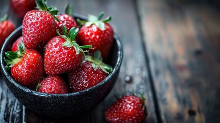 Fresh strawberries in a rustic bowl on a wooden surface