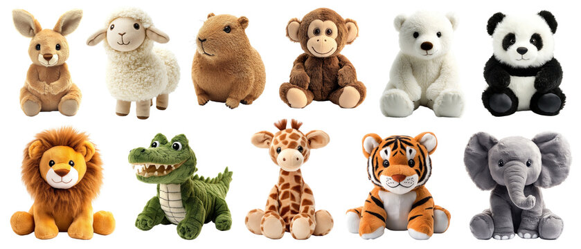 PNG Adorable plush animal toys collection set, isolated on transparent background