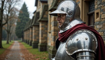 Fototapeta premium Historical costumes. Medieval knight in full armor standing vigilant on a stone path near historical buildings 