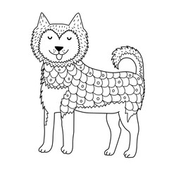 Cute husky dog in doodle style isolated on white background. Hand drawn husky character in outline for coloring page or prints. Vector illustration