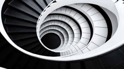 Fototapeta premium A spiral staircase with contrasting black and white colors creating a modern architectural design.