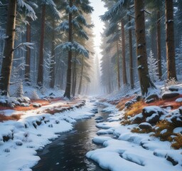 Obraz premium Snowy forest with tall trees and a frozen stream running through the center, snowy woods, calmness
