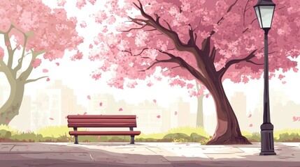 Serene Spring Park with Cherry Blossom Trees and Elegant Bench