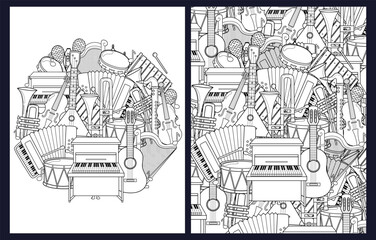 Coloring pages set with musical instruments. Doodle music elements templates for coloring book. Collection with black and white colouring pages for adults and kids. Vector illustration