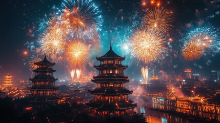 Naklejka premium Night Celebration: Colorful Fireworks Over Traditional Pagodas