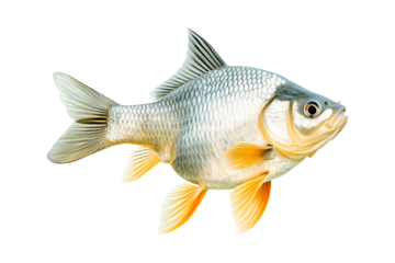 Closeup of fresh common carp fish with detailed scales and fins, isolated on white transparent background, concept of aquatic life