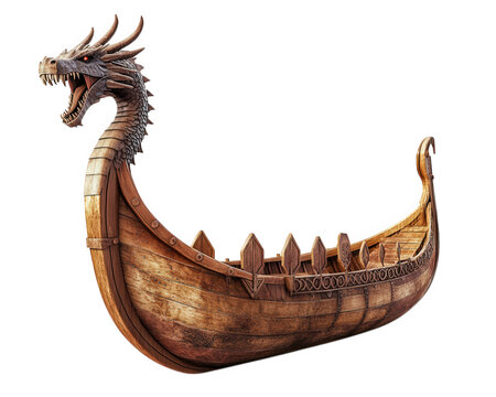 Viking longship with dragon headed prow, showcasing intricate woodwork and historic design. This majestic vessel symbolizes maritime exploration and adventure