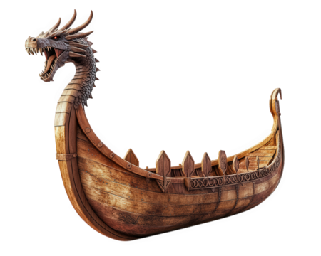 Viking longship with dragon headed prow, showcasing intricate woodwork and historic design. This majestic vessel symbolizes maritime exploration and adventure
