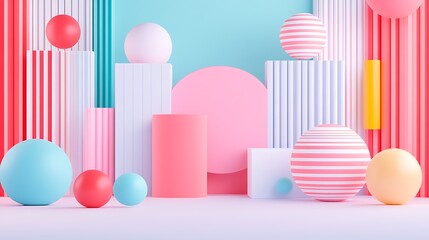 Colorful Abstract Composition of Geometric Shapes with Bold Pastel Colors and Vertical Lines