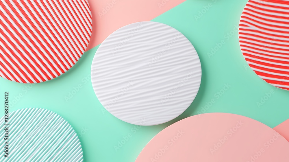 Poster colorful abstract composition with circular plates on geometric background in bright tones and textu