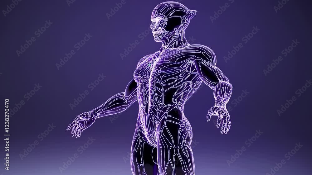 Poster a fully rendered cybernetic figure in bright, fluorescent lines, each joint and muscle group highlig