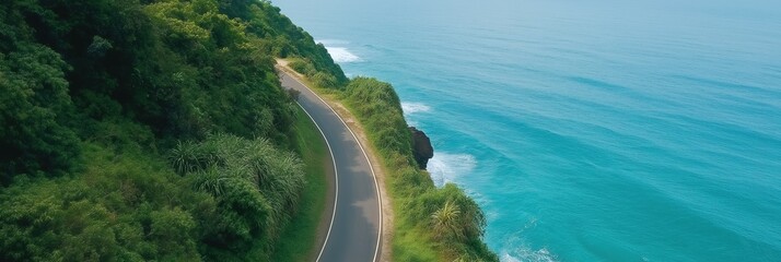A road with trees on the side and a blue ocean in the background. The road is winding and the ocean is calm