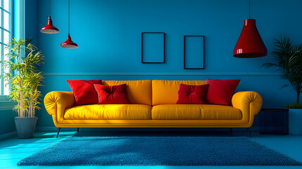 A living room with a yellow couch and red pillows. The room is bright and cheerful, with a blue wall and a red rug. There are two potted plants, one on the left and one on the right