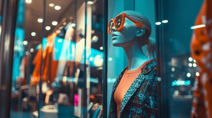Fototapeta premium Mannequin in a vibrant storefront display with reflections