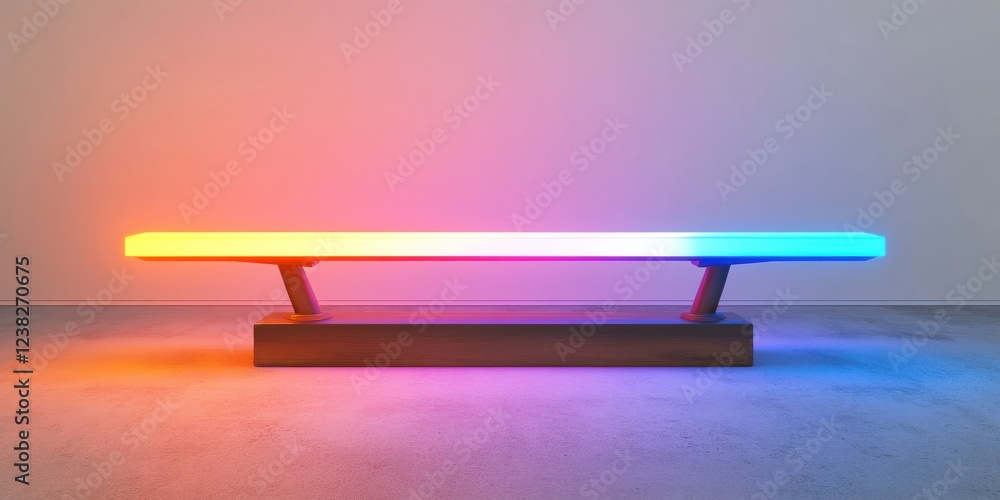 Poster a modern bench illuminated with vibrant orange and blue lights, creating a striking visual effect in