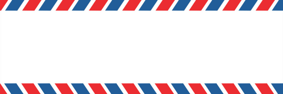 Airmail envelope frame with blue and red stripes on white background. International vintage letter border. Retro air mail postcard. Blank envelope.