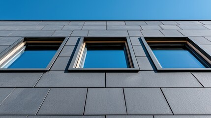 Fototapeta premium A modern building facade featuring three rectangular windows against a clear blue sky.