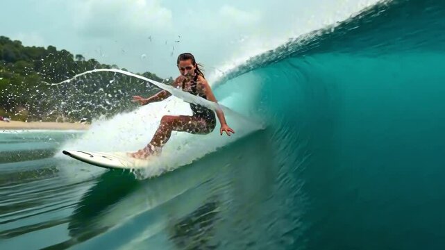 Surf girl in black one-piece swimsuit gliding on the wave on the background of the island