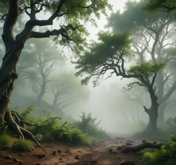 Fototapeta premium Lush green forest with twisted tree branches and foggy atmosphere , wilderness, misty night, nighttime