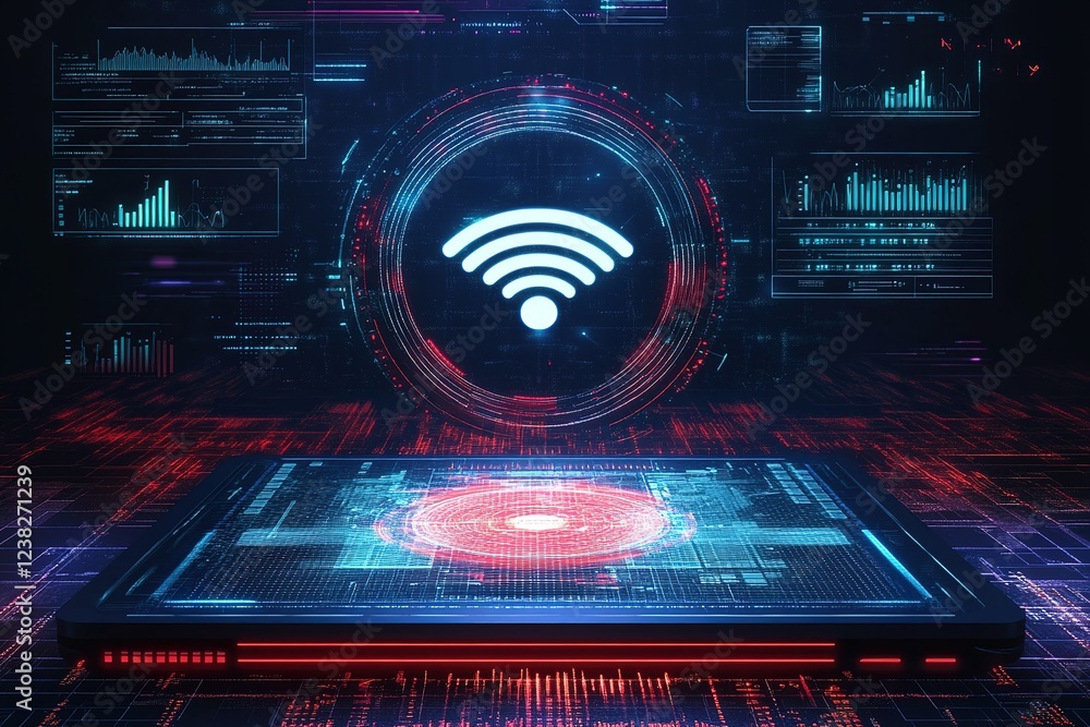 Aufkleber a hologram, a projection of a wi-fi icon on a futuristic podium with various graphics and hud-style 