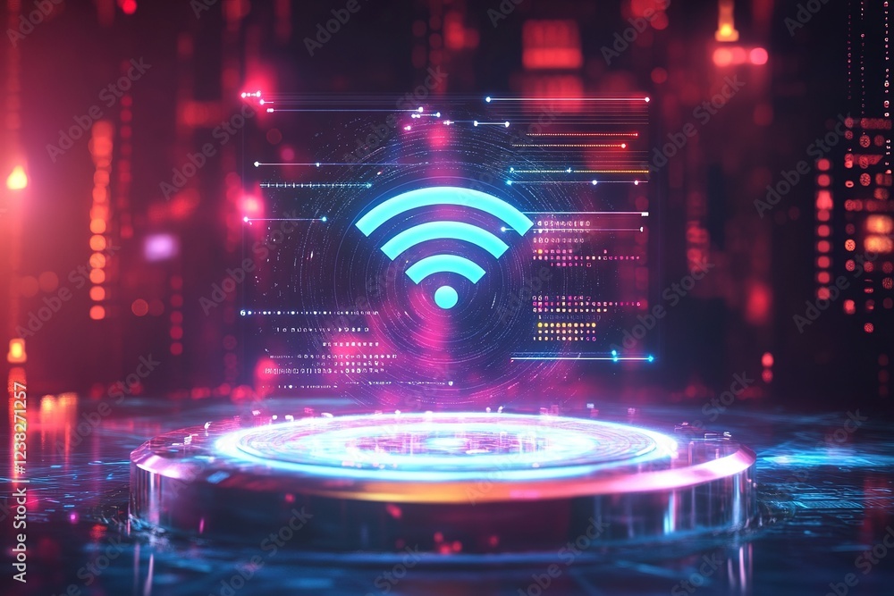 Aufkleber a hologram, a projection of a wi-fi icon on a futuristic podium with various graphics and hud-style 