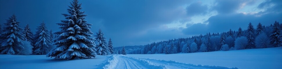 Naklejka premium Frosty pine trees amidst snowy landscape at night, nature, forest, landscape