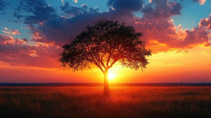 Obraz premium Solitary Tree Silhouetted Against a Vibrant Sunset