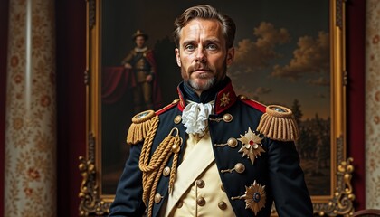 Historical costumes. General of the Napoleonic era in military uniform posing confidently in an elegant interior