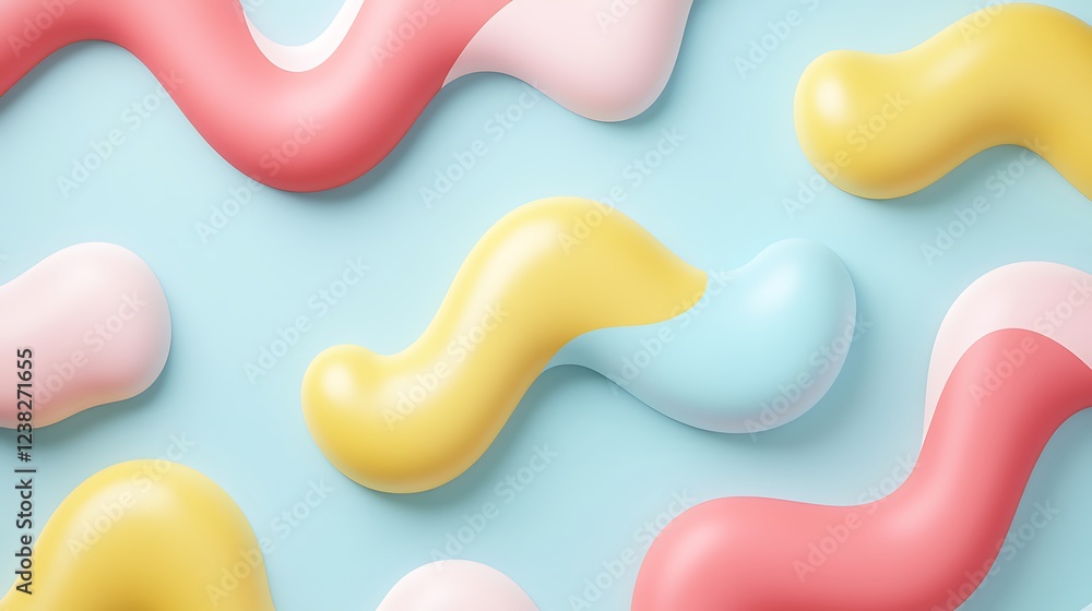 Poster colorful abstract shapes on a soft blue background creating a playful and modern visual composition