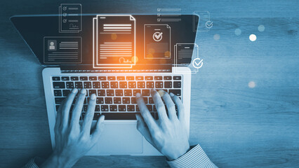 Man typing on laptop, Online business contract Electronic signature, signing business contract concept. e-signing, digital document management
