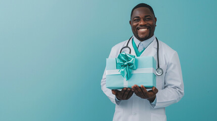 Africal American smiling doctor, a medical professional, holding a gift box with a bow, care in healthcare field banner. Kindness, generosity, and appreciation within the medical community