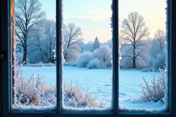 Frosty windowpane reveals icy blue winter landscape, frosty grass and bare trees, winter scene, morning light