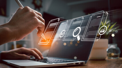 Man typing on laptop, Online business contract Electronic signature, signing business contract...