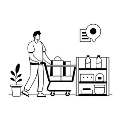A glyph illustration of man with shopping trolley