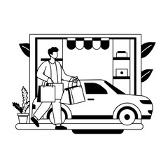 A glyph illustration of a man carrying shopping bags and walking towards a white car