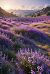 Obraz premium Softly swaying lavender blooms in a rolling hillside landscape , nature, rural scene